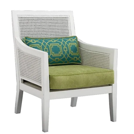 White Cane Woven Chair with Kidney Accent Pillow